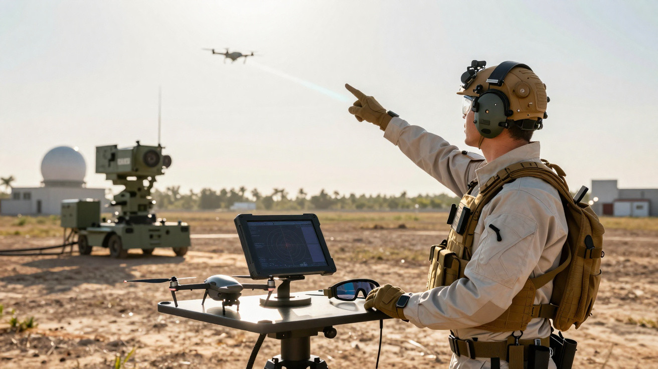 Military personnel operating a drone with a control tablet on a stand in an open field at sunset.