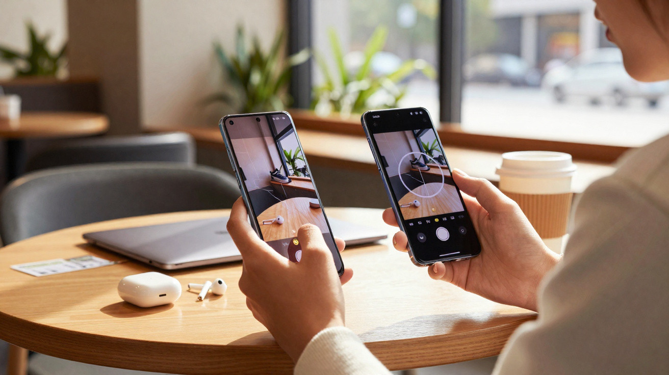 Person holding two smartphones displaying the same camera view of a table with plants and a cup.
