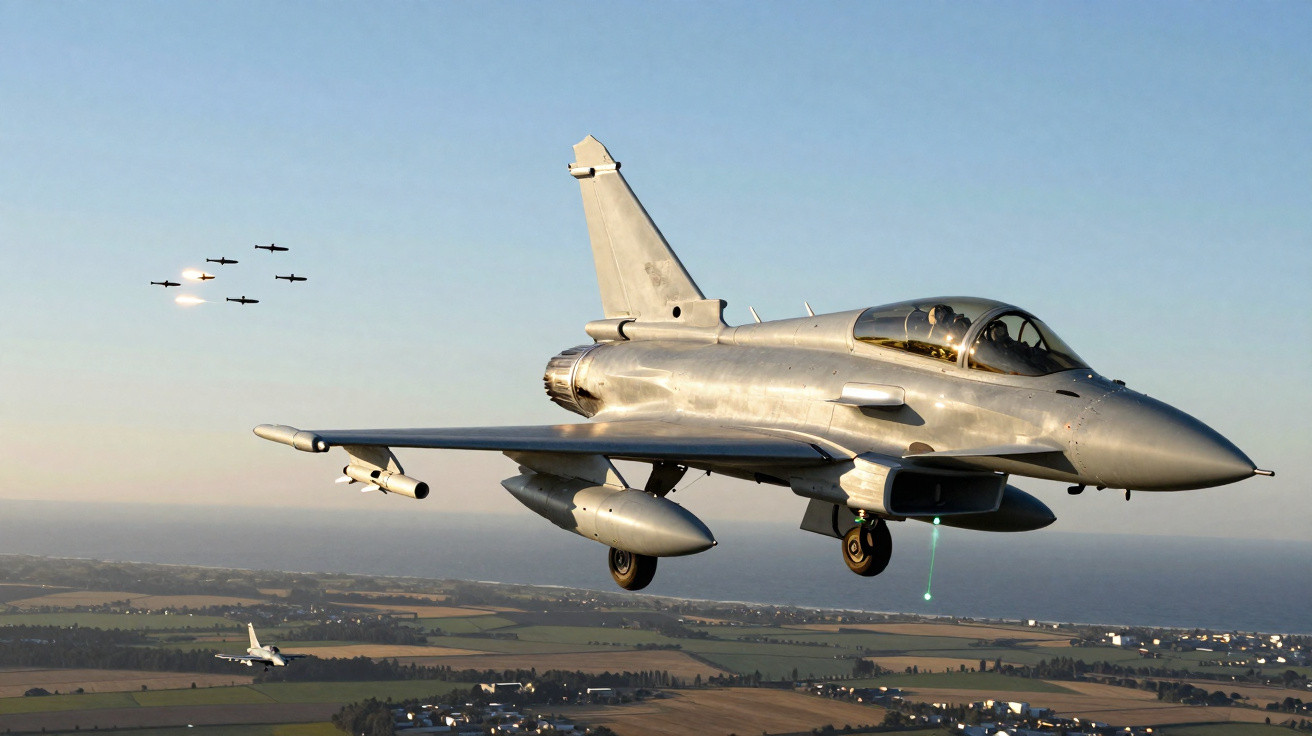 Military jet firing missiles during a training exercise over countryside near the coastline.