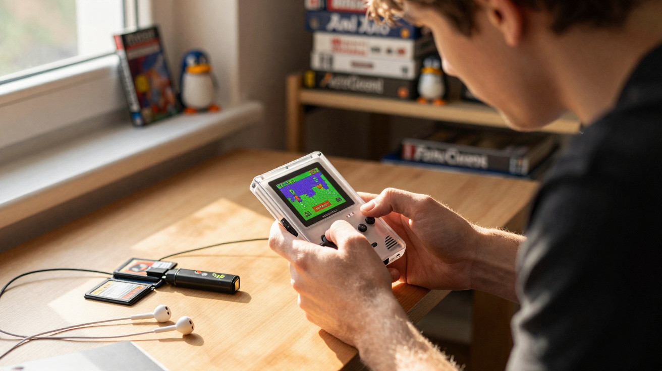 Person playing a handheld retro-style gaming console showing a pixelated platform game.