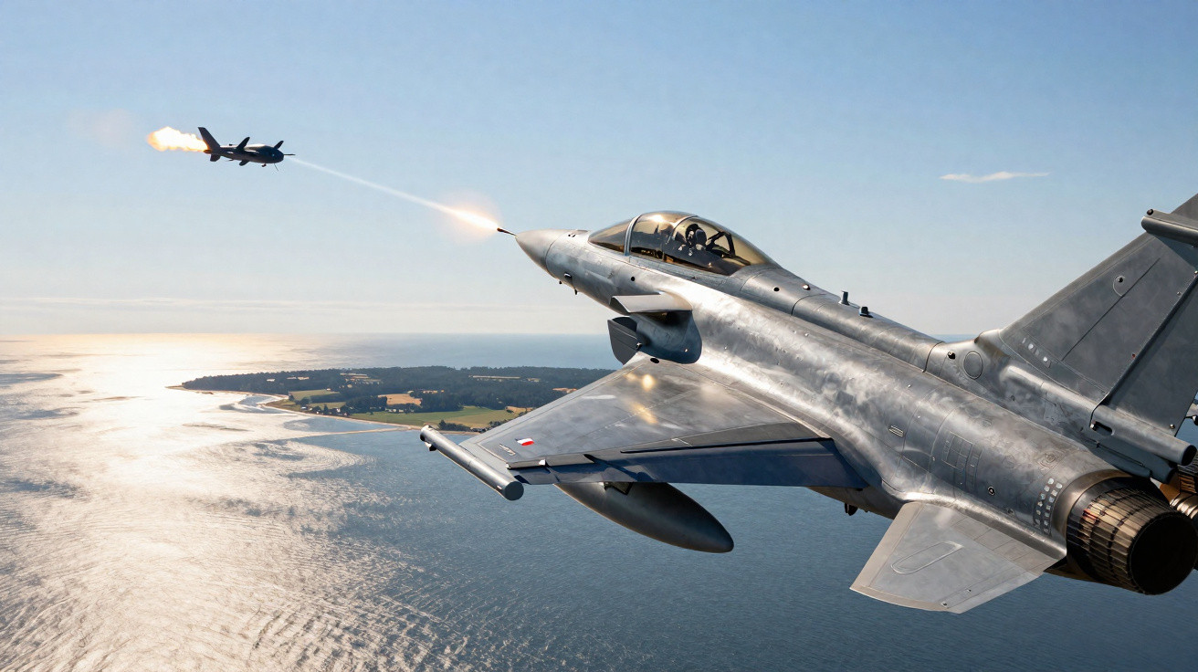 Military jet fighter launching a missile over the sea near a coastline on a clear day.