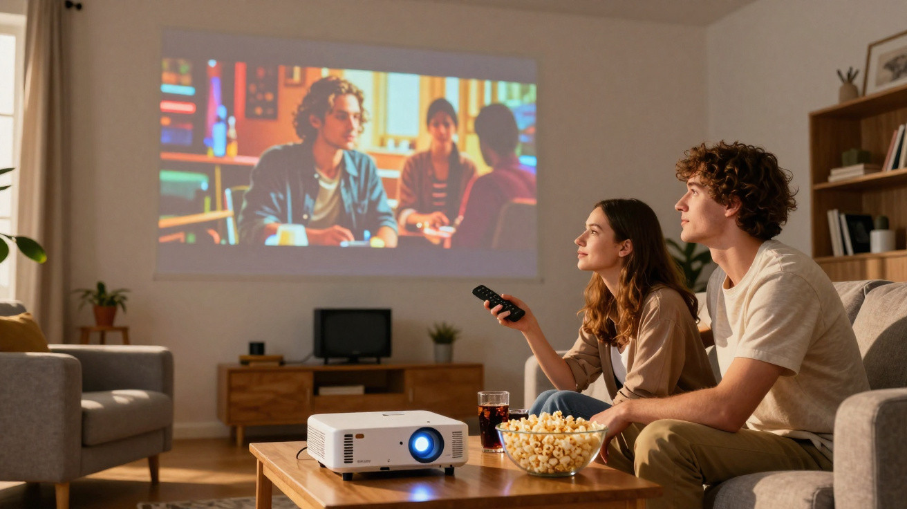 Young couple watching a movie projected on a wall, with popcorn and drinks on the table in a cosy living room.