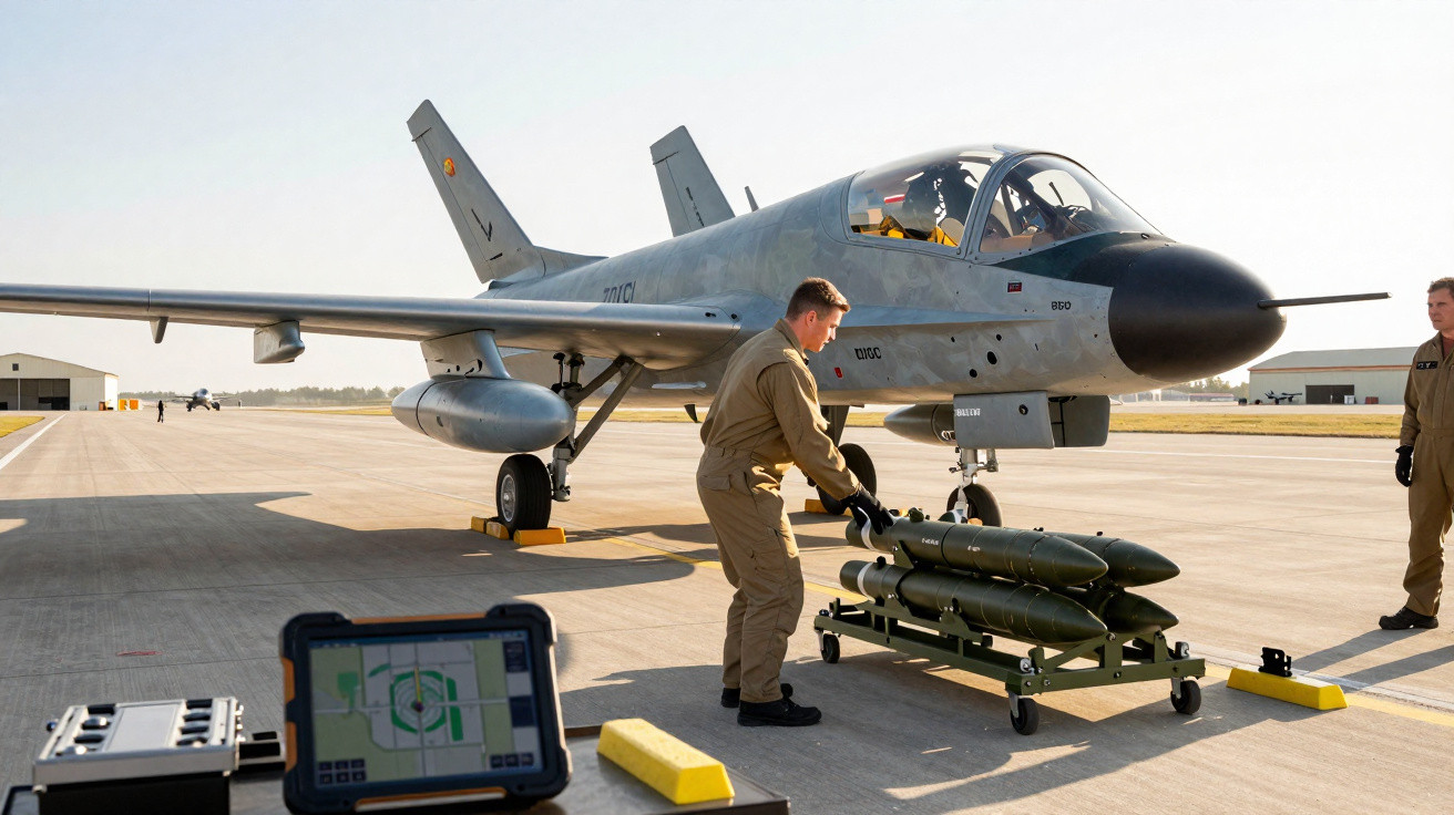 Military personnel loading bombs onto a grey fighter jet on an airfield under clear skies.
