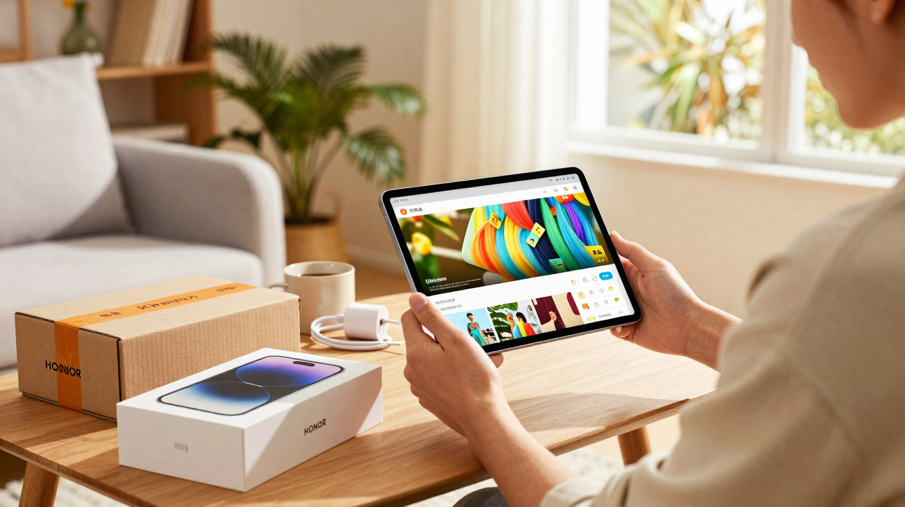 Person holding a tablet with a colourful screen, sitting at a table with Honor phone boxes and charger nearby.