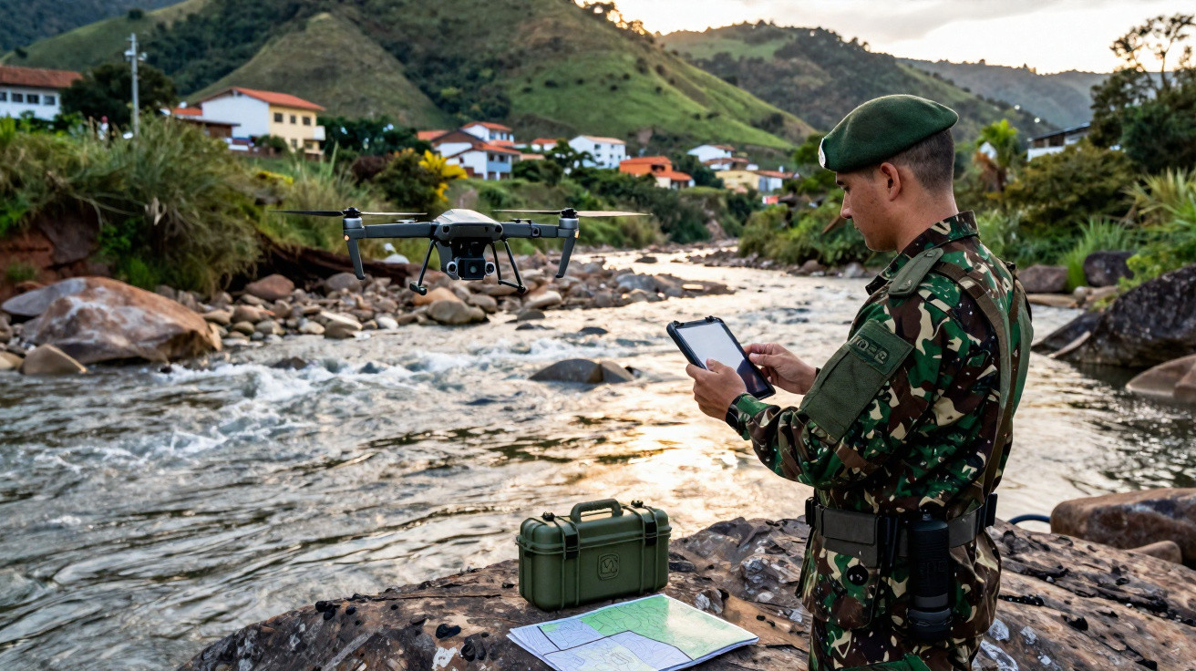 Soldier in camouflage controls a drone by a river with a map and equipment on rocks nearby.