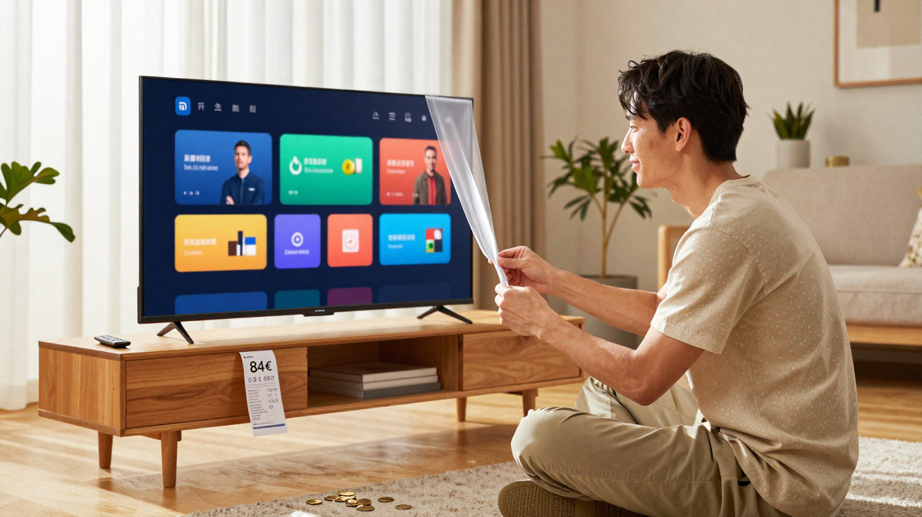 Man sitting on the floor removing protective film from a new smart TV in a modern living room.