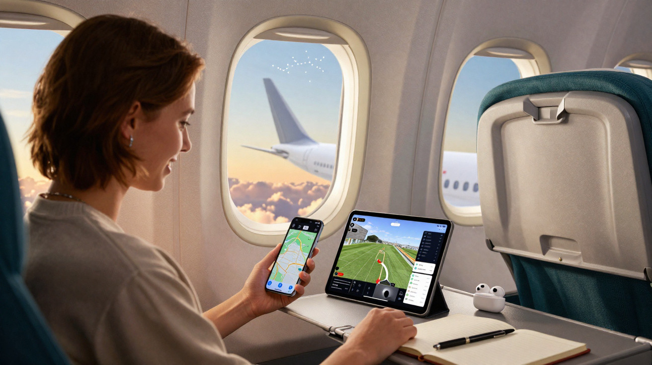 Woman using smartphone and tablet with flight tracking and navigation apps on an airplane during sunset flight.