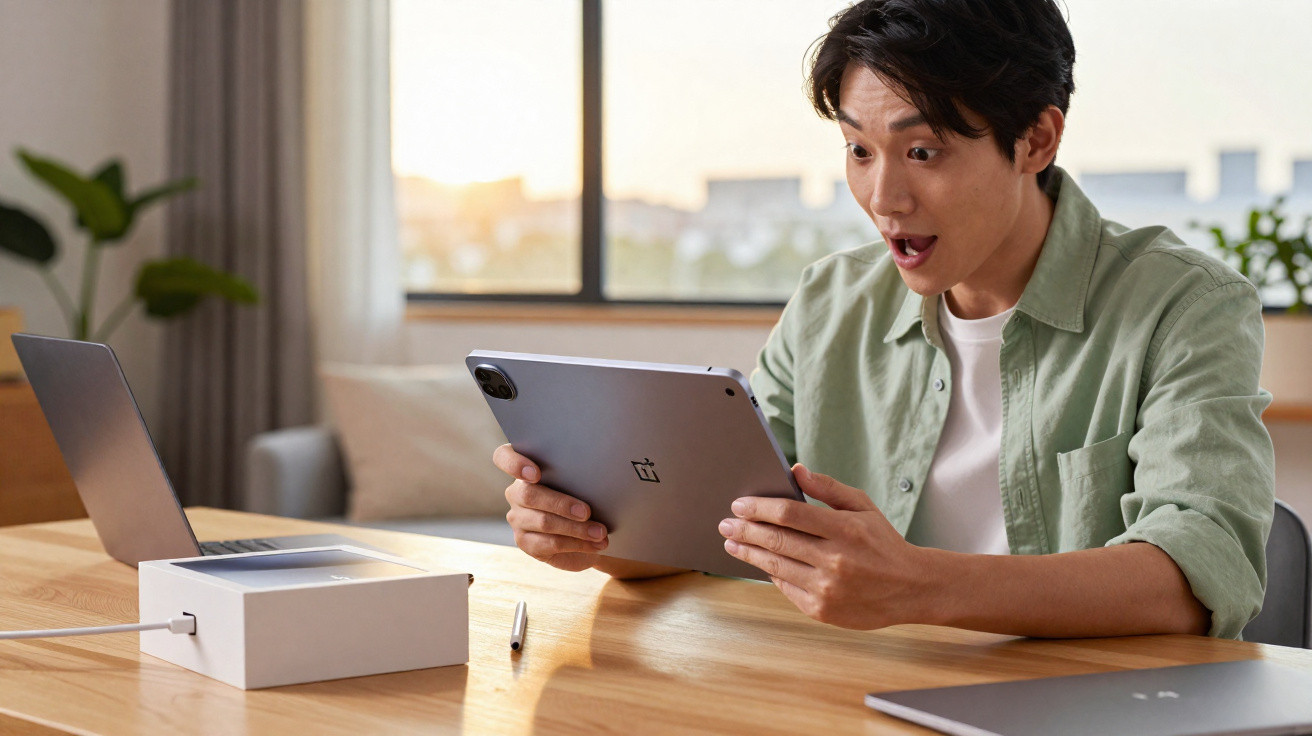 Man sitting at a table looking excitedly at a tablet device in a bright, modern living room.