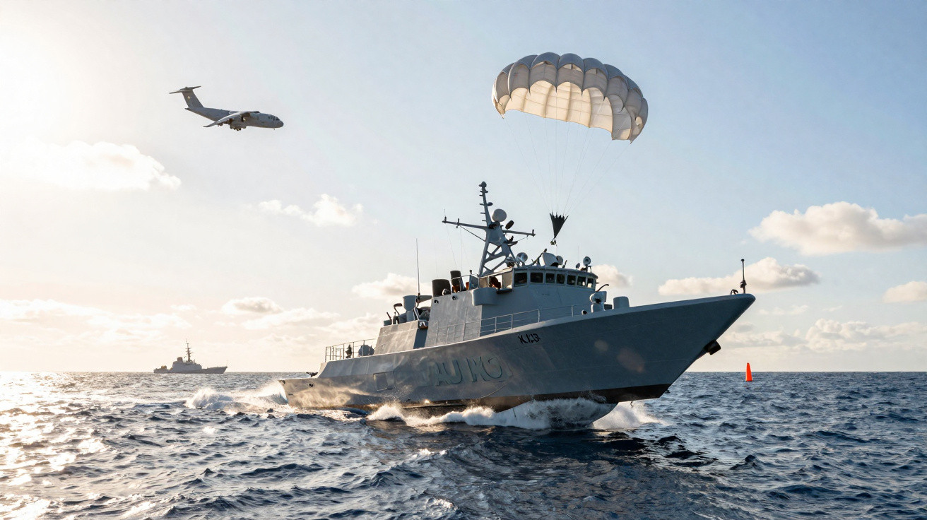 Naval boat on sea with parachute descending nearby and military aircraft flying in the background at sunset.