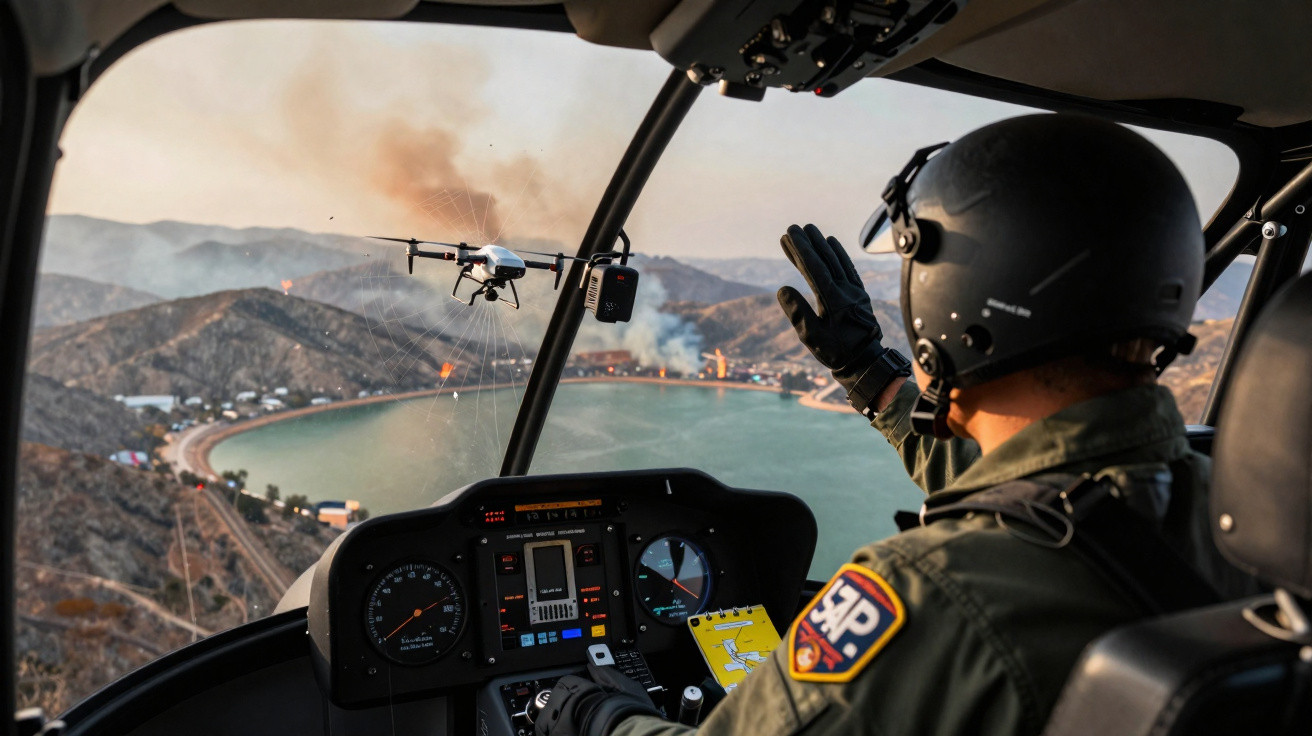Pilot in helicopter cockpit waving at nearby drone flying over a lake with smoky hills in the background.