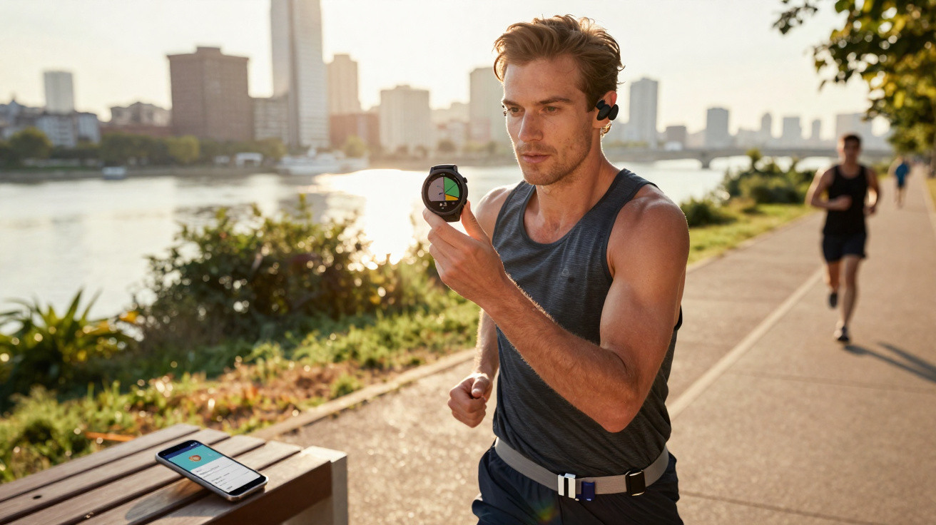 Man running outdoors near river at sunset, checking smartwatch with phone on bench nearby.