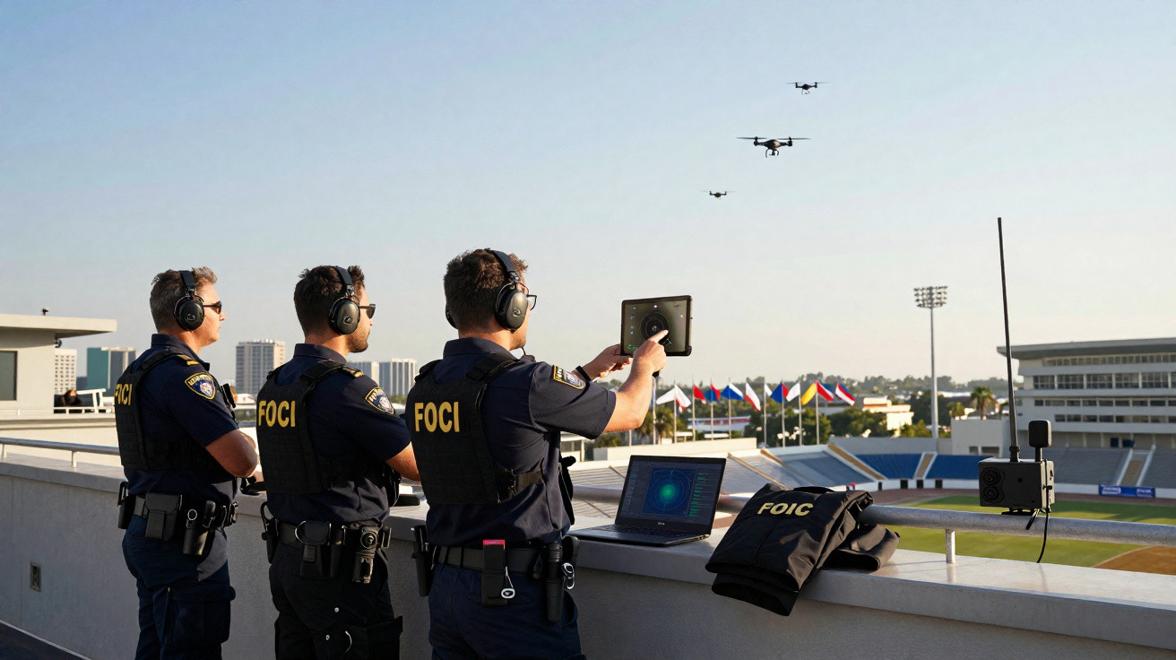 Three officers operating drones over a stadium using a tablet and laptop on a rooftop observation deck.