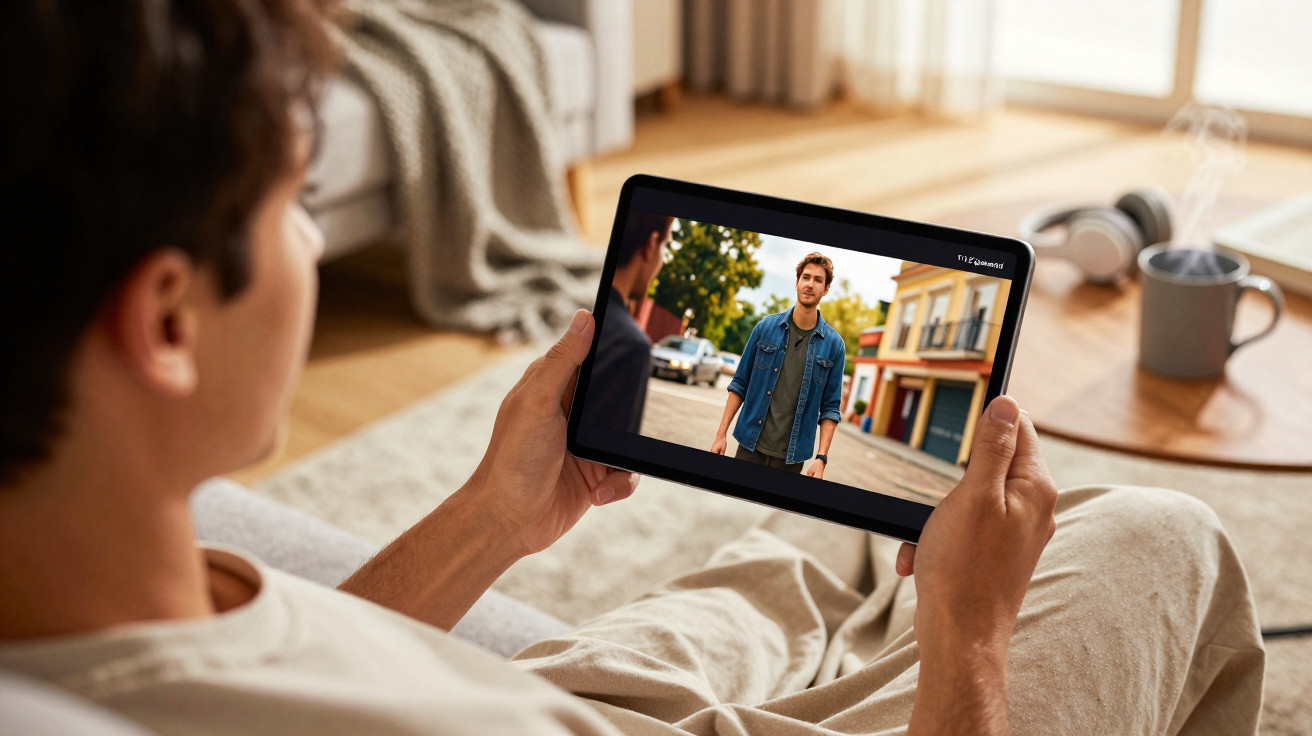 Person sitting on a sofa watching a man in a denim jacket on a tablet in a bright living room.