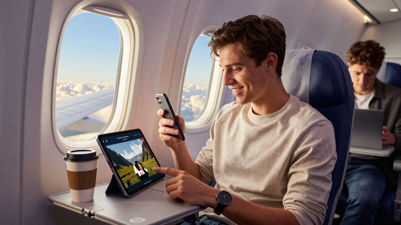 Young man smiling and using smartphone and tablet on an airplane with two windows showing blue sky and clouds.