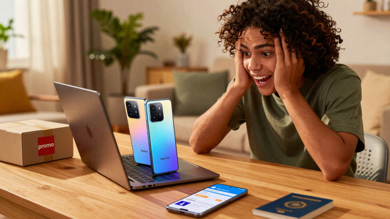 Excited person watching two smartphones standing on a laptop on a wooden table in a bright living room.