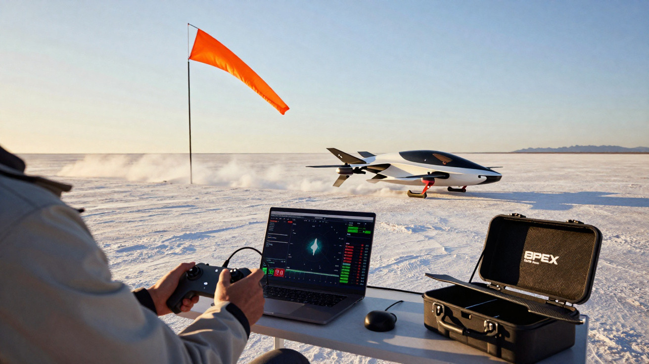 Person remotely piloting a sleek flying vehicle on a salt flat using a controller and laptop.