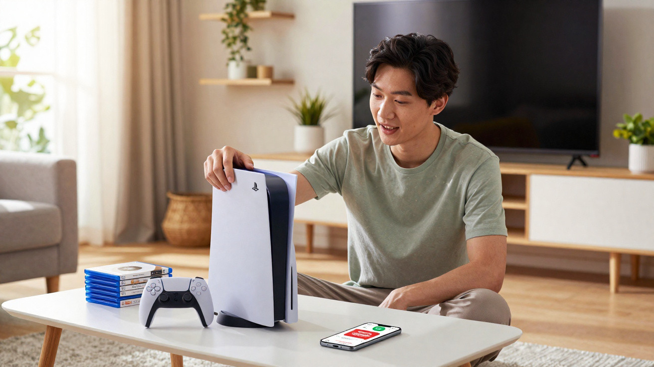 Person sitting on floor setting up a PlayStation 5 console on a table with games, controller, and smartphone nearby.