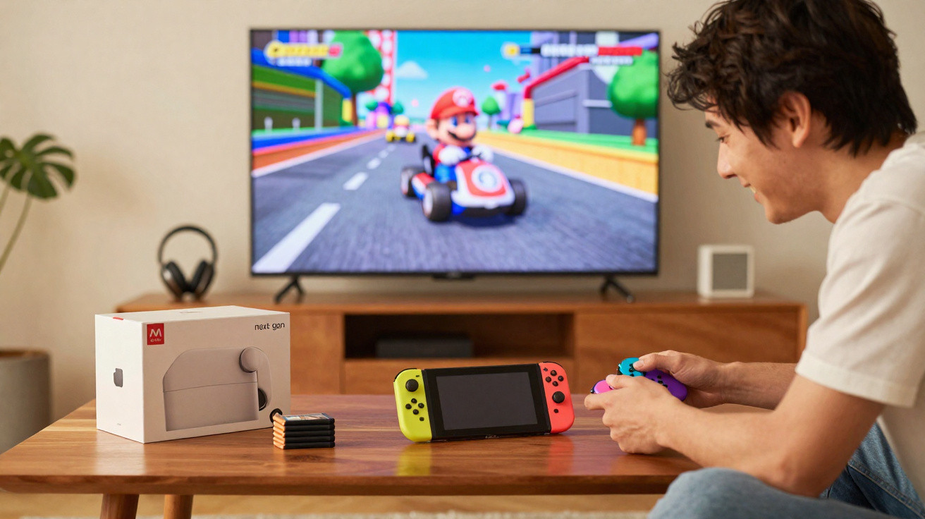 Person playing Mario Kart on a TV using a Nintendo Switch with neon yellow and red Joy-Con controllers.