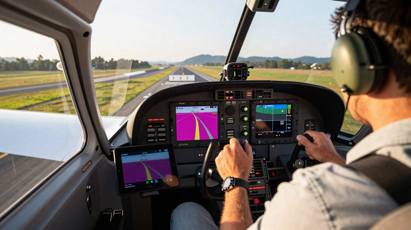 Pilot with headset operating small aircraft on runway with digital flight instruments and clear weather ahead