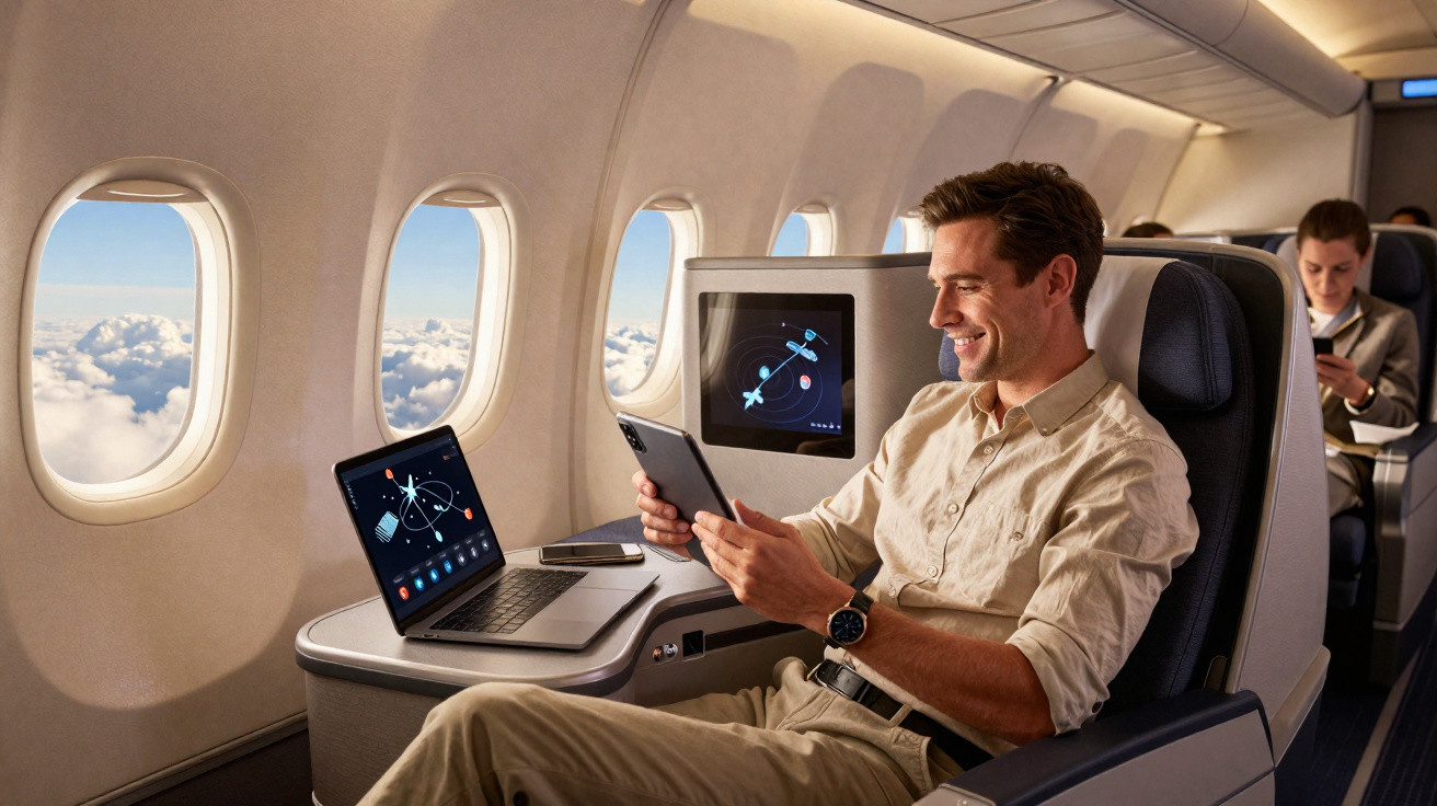 Man smiling and using a tablet while seated in a spacious airplane business class seat by the window.