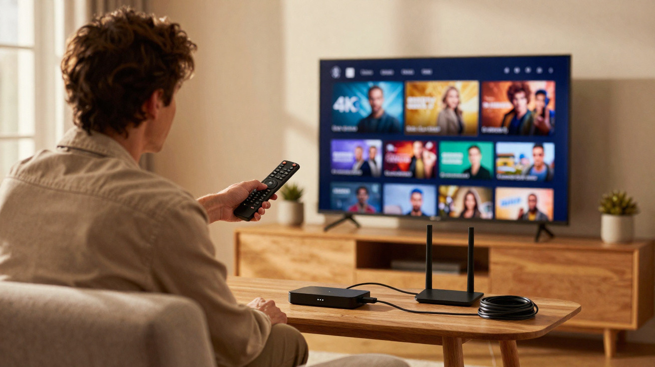Person holding a remote watching a smart TV with streaming apps in a cosy living room.