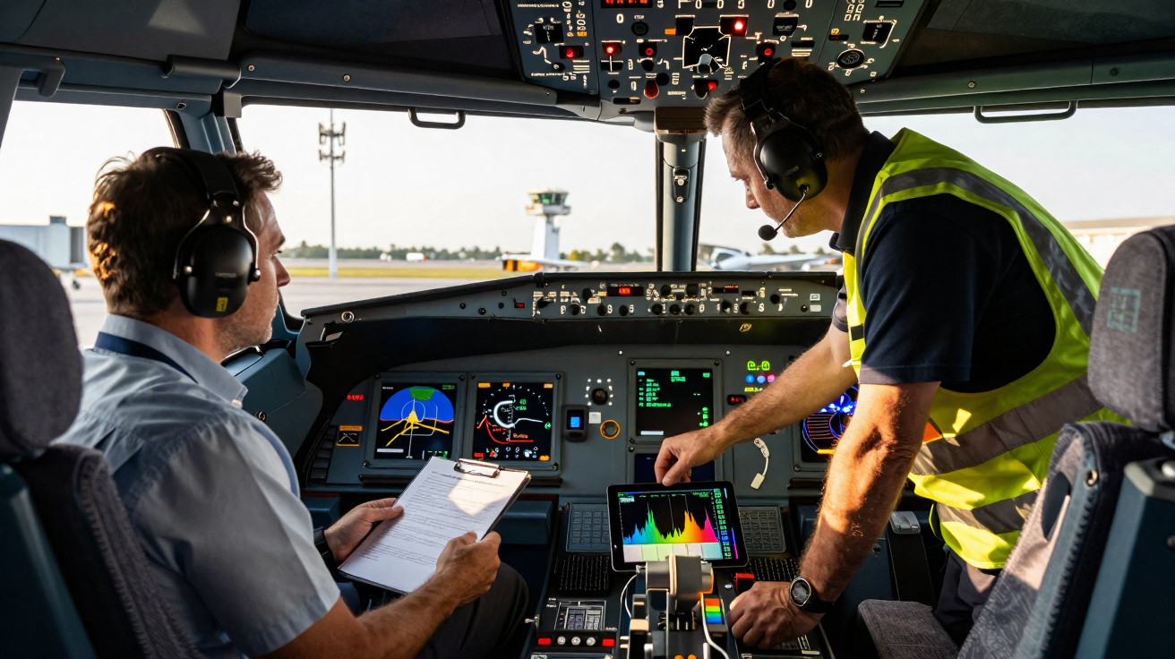 Two aviation professionals in headset communicating inside a cockpit with control panels and screens.