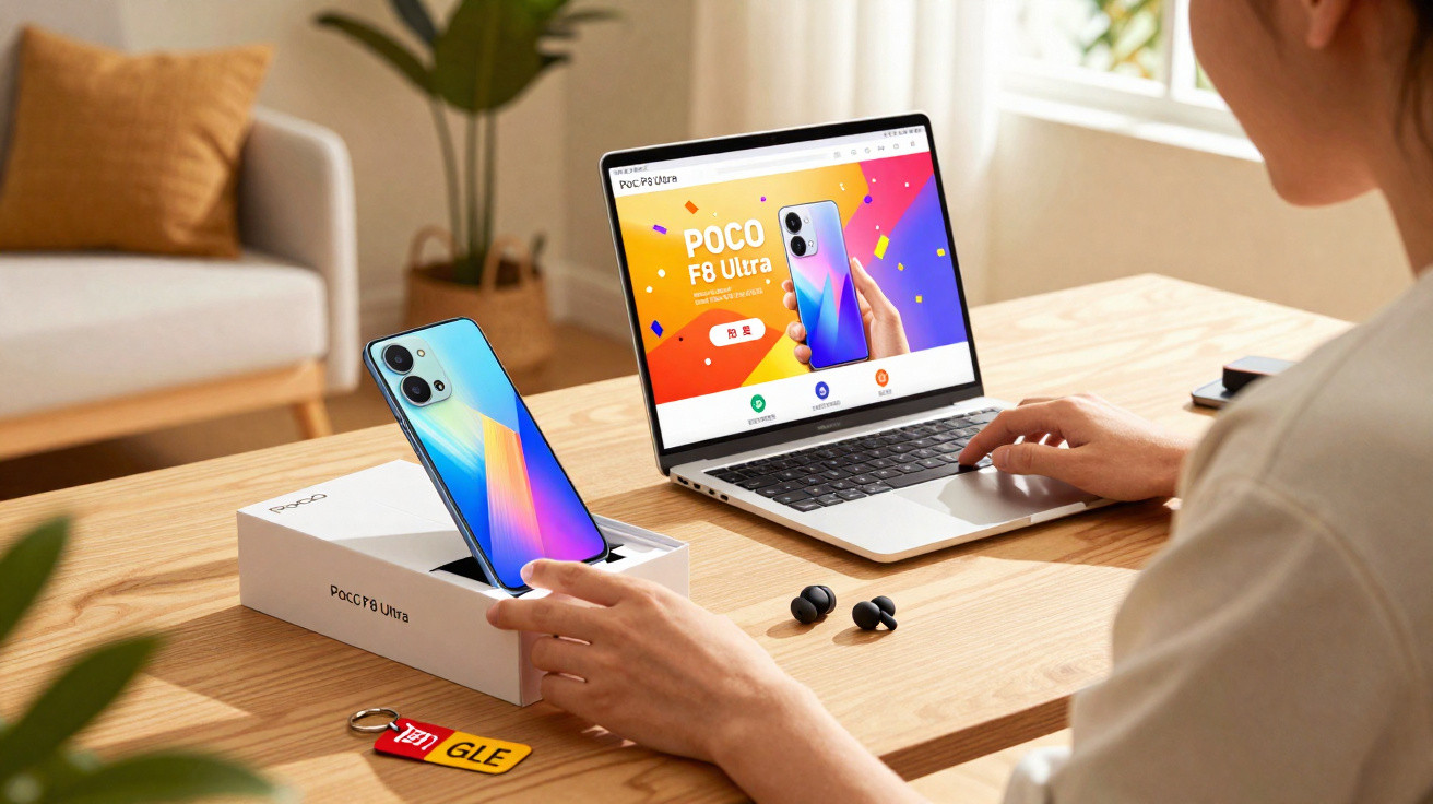 Person unboxing a Poco F8 Ultra smartphone with a laptop displaying the phone's webpage on a wooden desk.