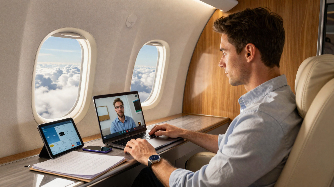 Man attending a video call on a laptop while seated by the window inside a private jet above the clouds.