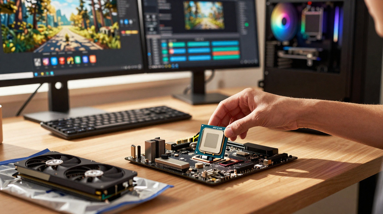 Hand placing a CPU onto a motherboard on a desk with dual monitors and a graphics card nearby.