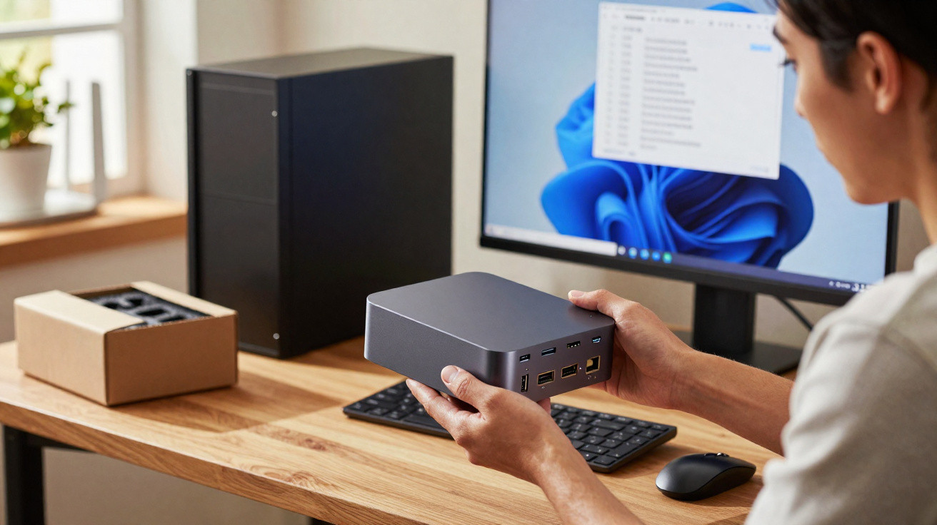 Person holding a compact desktop computer in front of a monitor, keyboard, and mouse on a wooden desk.