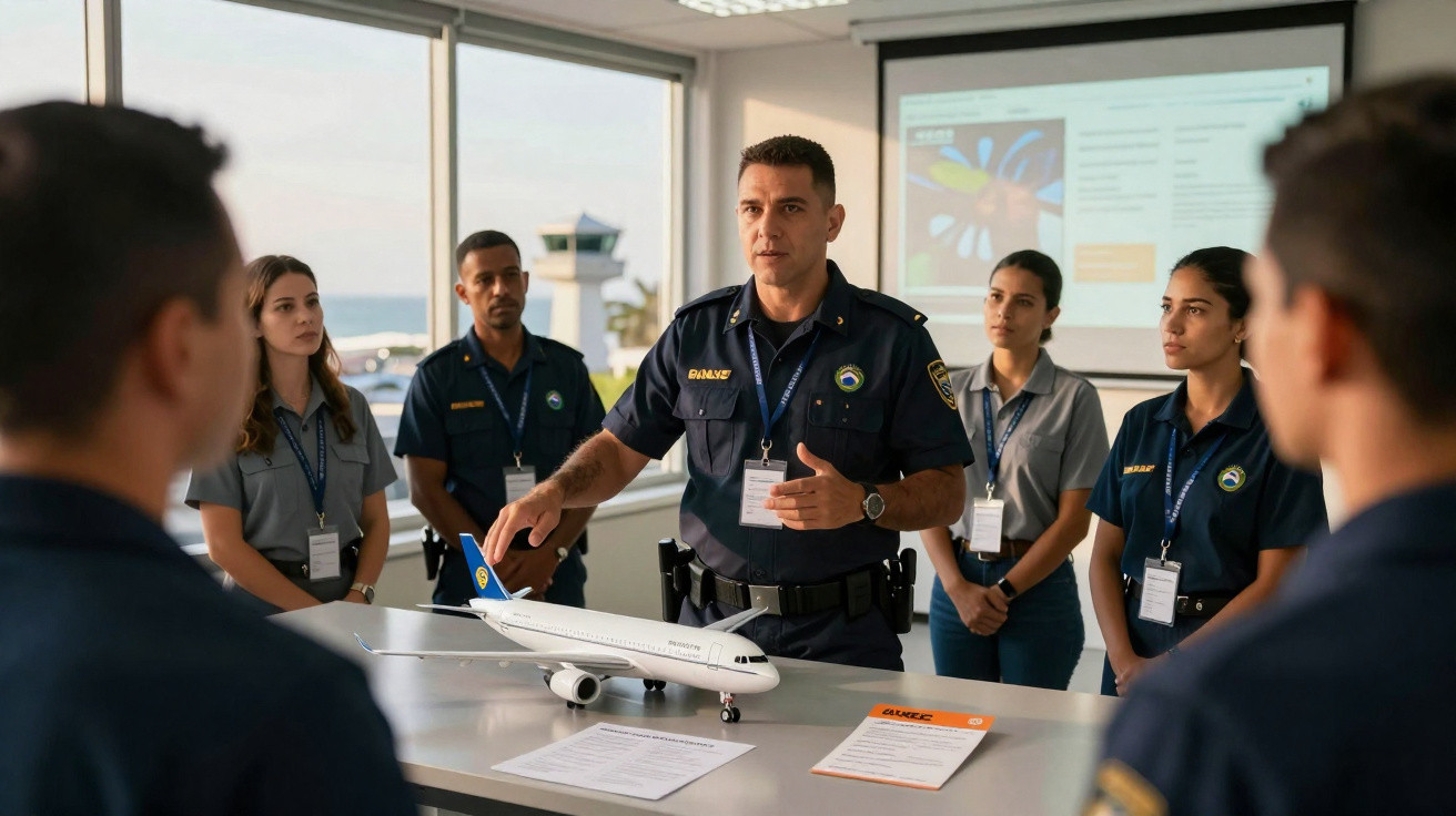 A police officer briefing a group with a model airplane and presentation in a bright office room.
