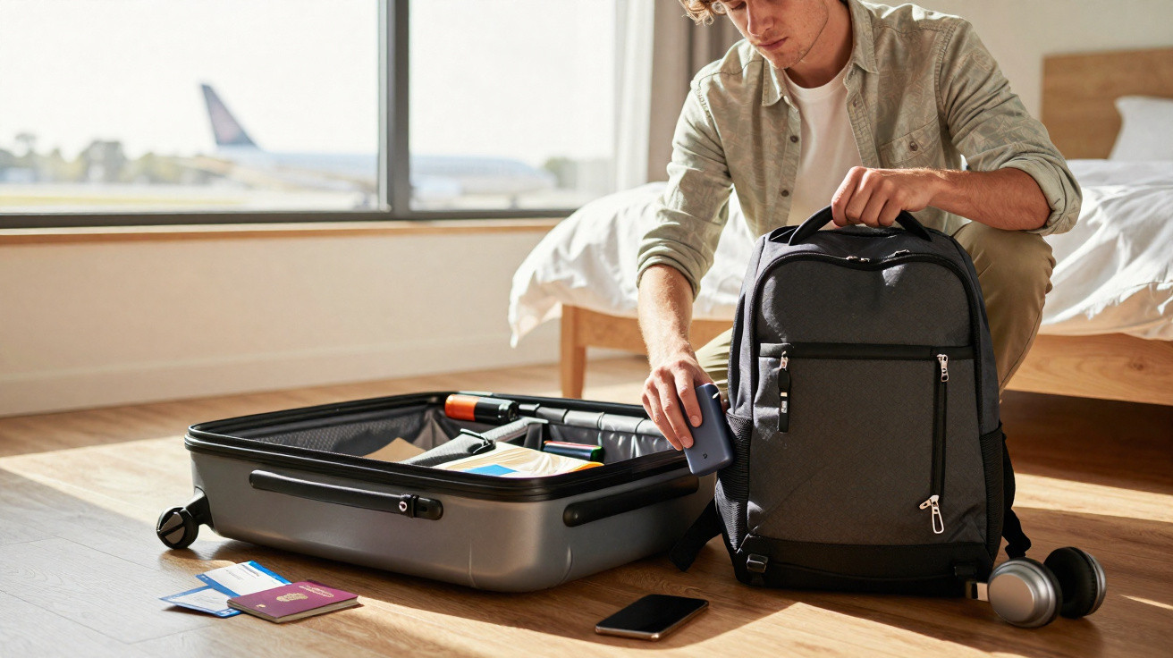 Young man packing a black backpack beside an open suitcase in a hotel room near an airport window.
