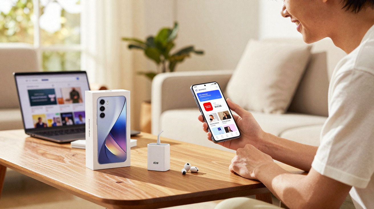 Person holding smartphone with charging accessories and laptop on wooden table in bright living room.