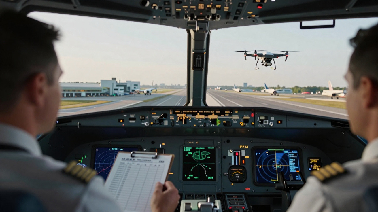 Two pilots in a cockpit observing a drone flying outside over an airport runway.