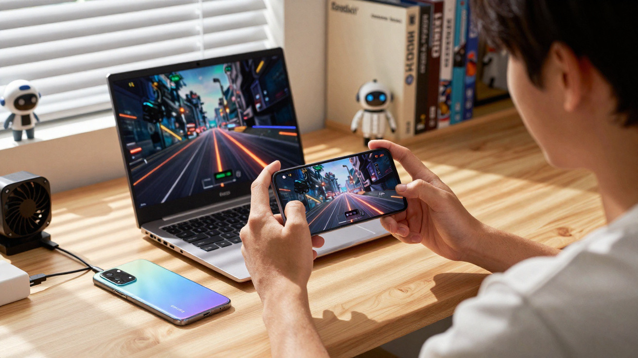 Person playing a futuristic racing game on a smartphone and laptop at a wooden desk near a window.