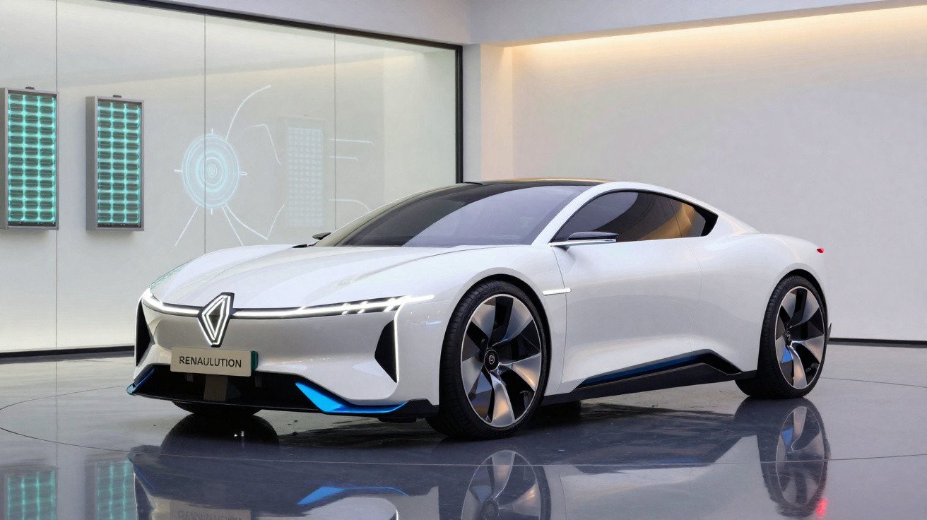 Sleek white Renault electric concept car in modern showroom with reflective floor and illuminated wall displays.