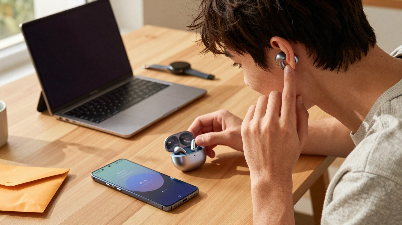 Person inserting wireless earbud with smartphone, laptop, smartwatch, and coffee cup on wooden table.