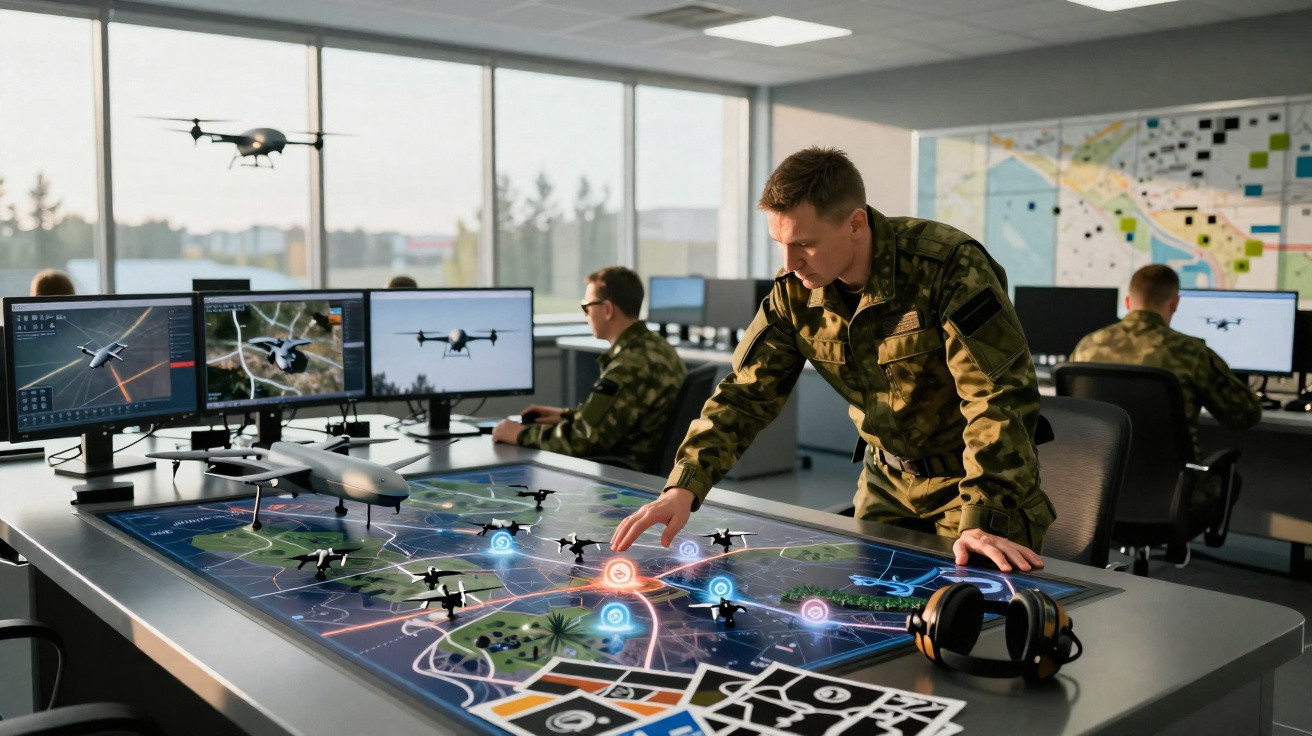 Military personnel operating drone technology and tactical maps in a control room with multiple screens.