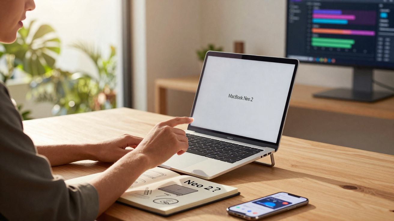 Person pointing at a laptop screen displaying "MacBook Neo 2" on a wooden desk with a notebook and smartphone nearby.