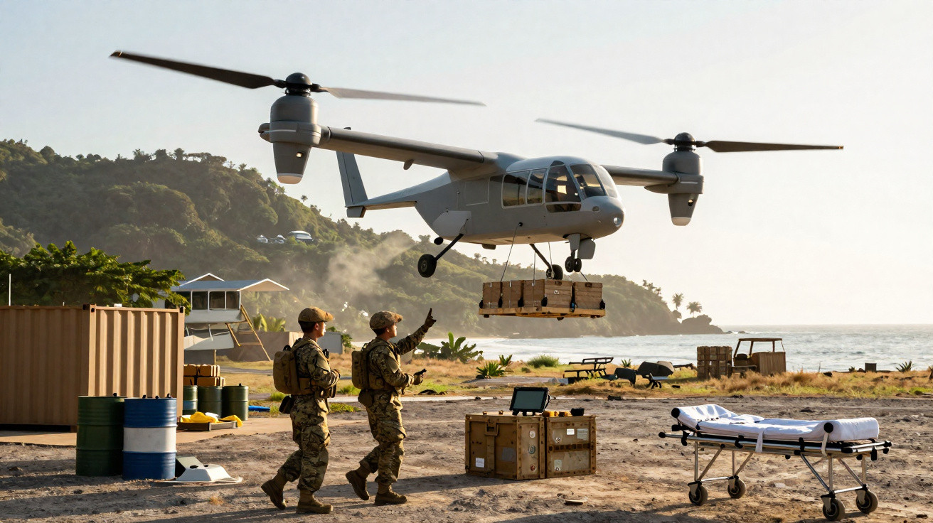 Military drone aircraft carrying supplies hovers above two soldiers near a stretcher and crates by the coast.