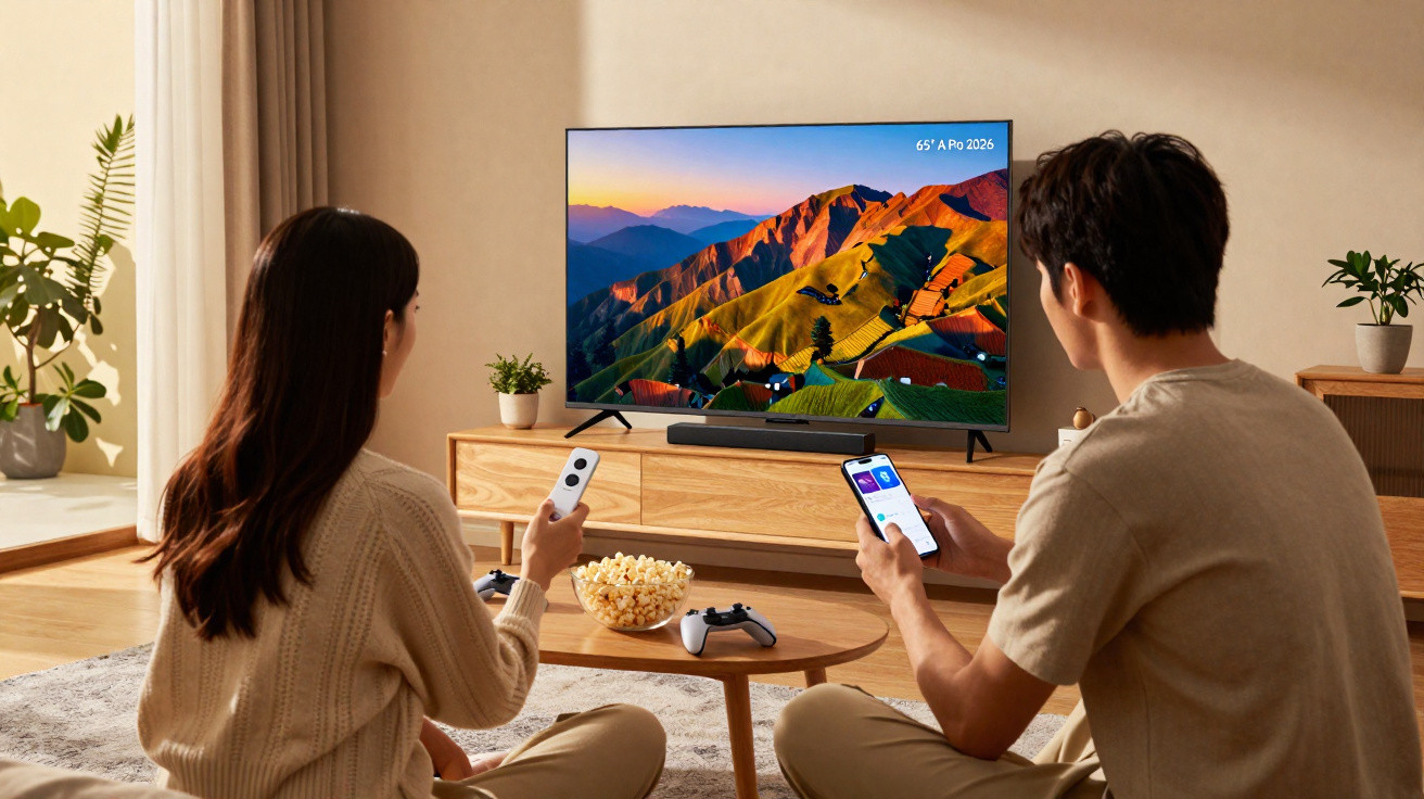 Couple sitting on floor in living room with TV, smartphone, remote controls, and popcorn on wooden table.