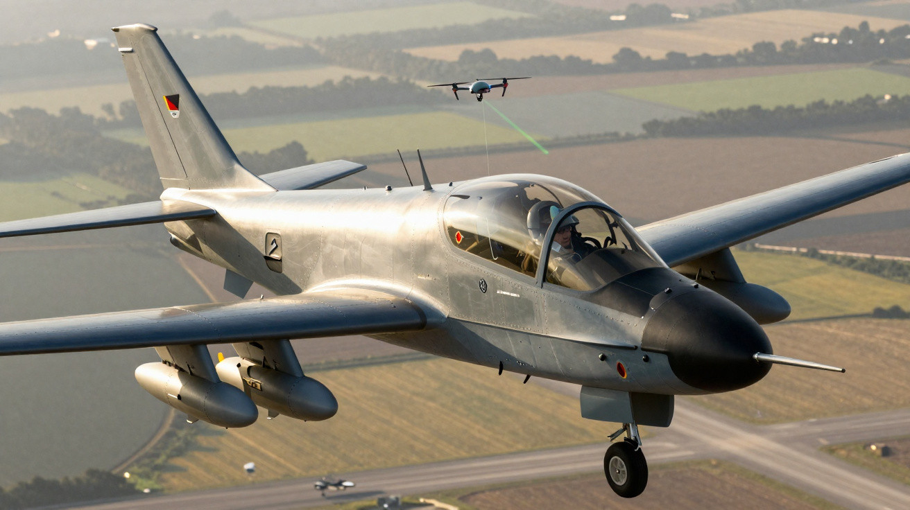 Military jet aircraft flying over farmland with a small drone visible in the background.