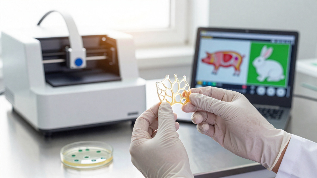 Scientist wearing gloves holding a 3D printed lattice structure with a 3D printer and laptop showing animal images in the bac