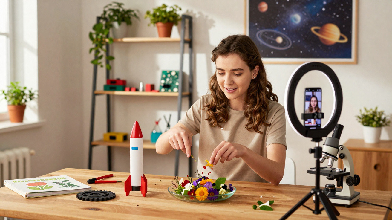 Young woman creating a flower arrangement at a desk with a rocket model, microscope, and smartphone on a ring light tripod.