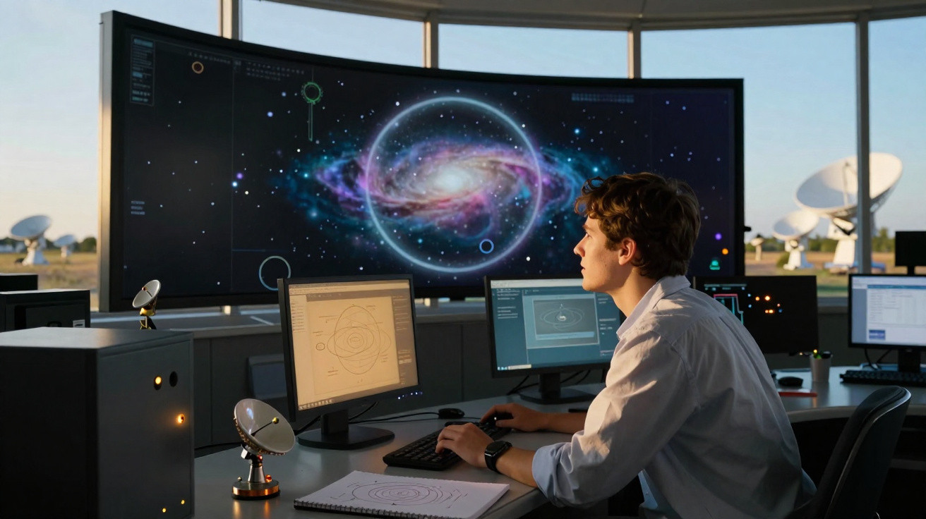 Scientist analysing galaxy data on multiple screens in a control room with satellite dishes outside.