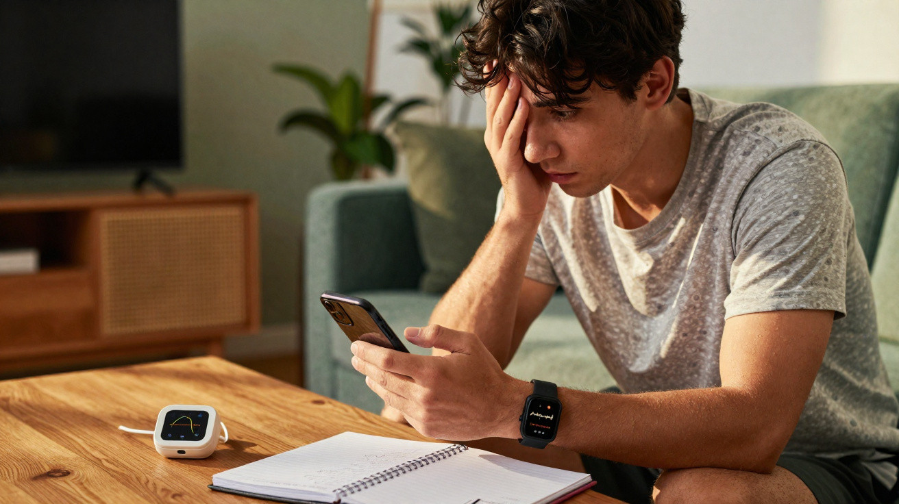 Young man in casual clothes looking stressed while checking his smartphone indoors at a wooden table with a notebook.
