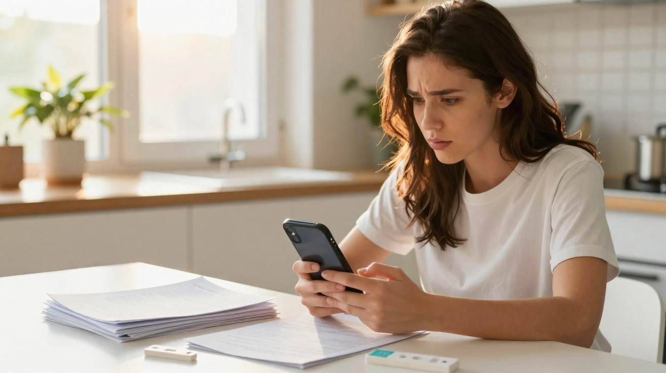 Young woman in white t-shirt looking concerned while using smartphone at kitchen table with papers.