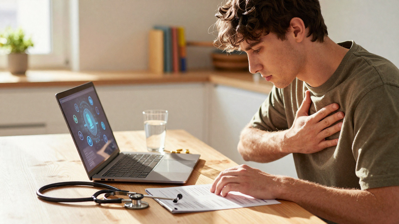Young man experiencing chest pain while looking at medical data on a laptop at home desk.