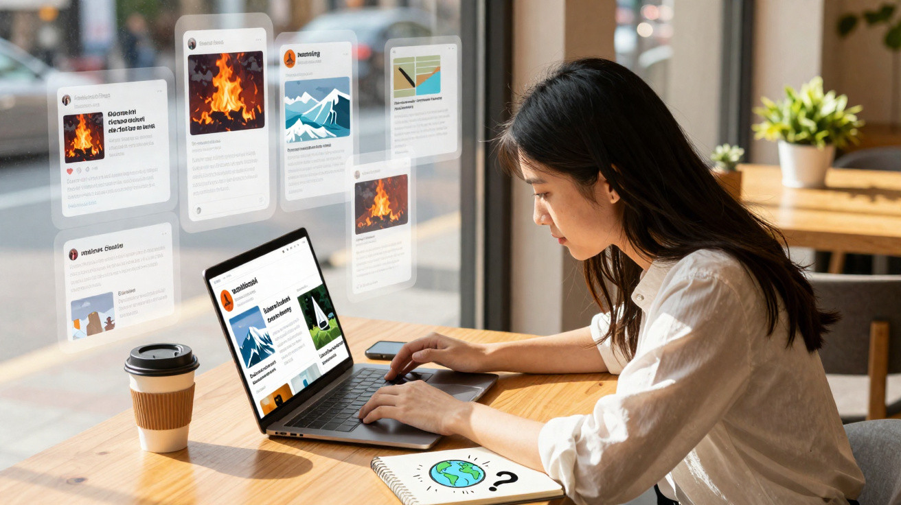 Woman working on laptop with social media posts hovering, sitting at cafe table with coffee and notebook.