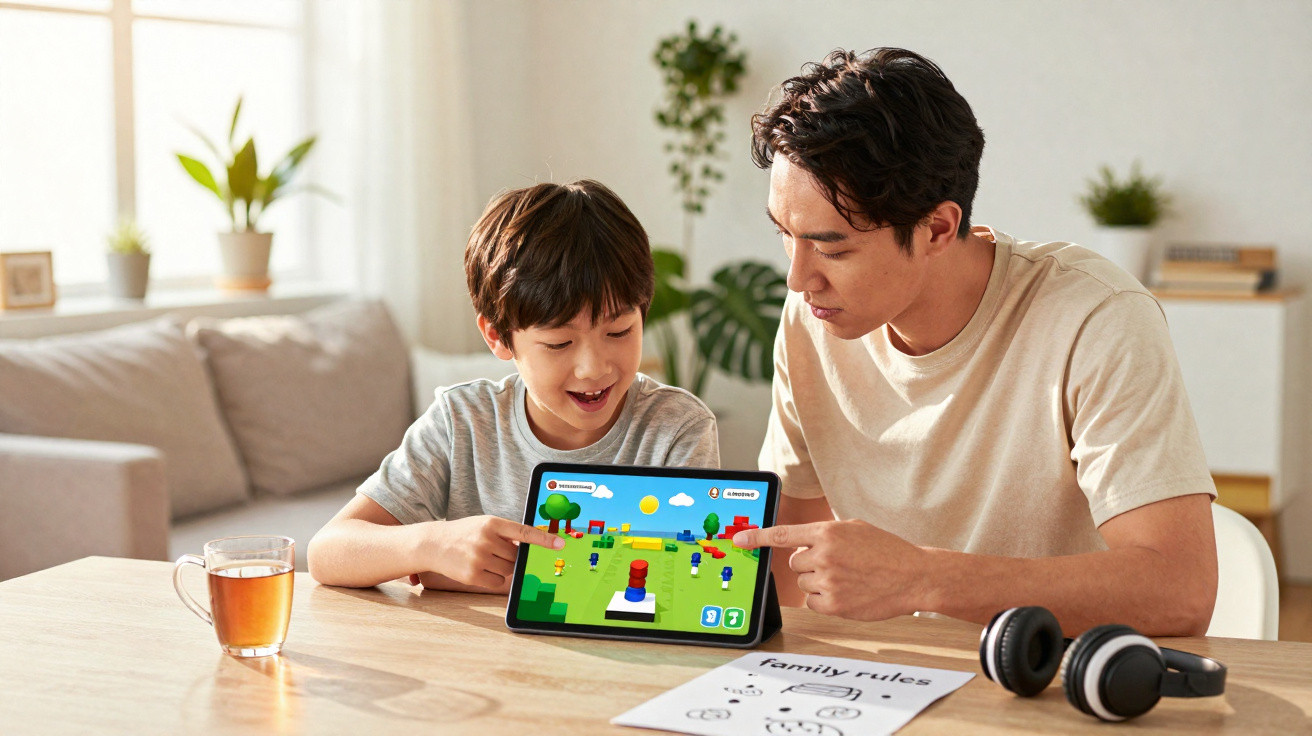 Father and son playing an educational game on a tablet at a wooden table in a bright living room.